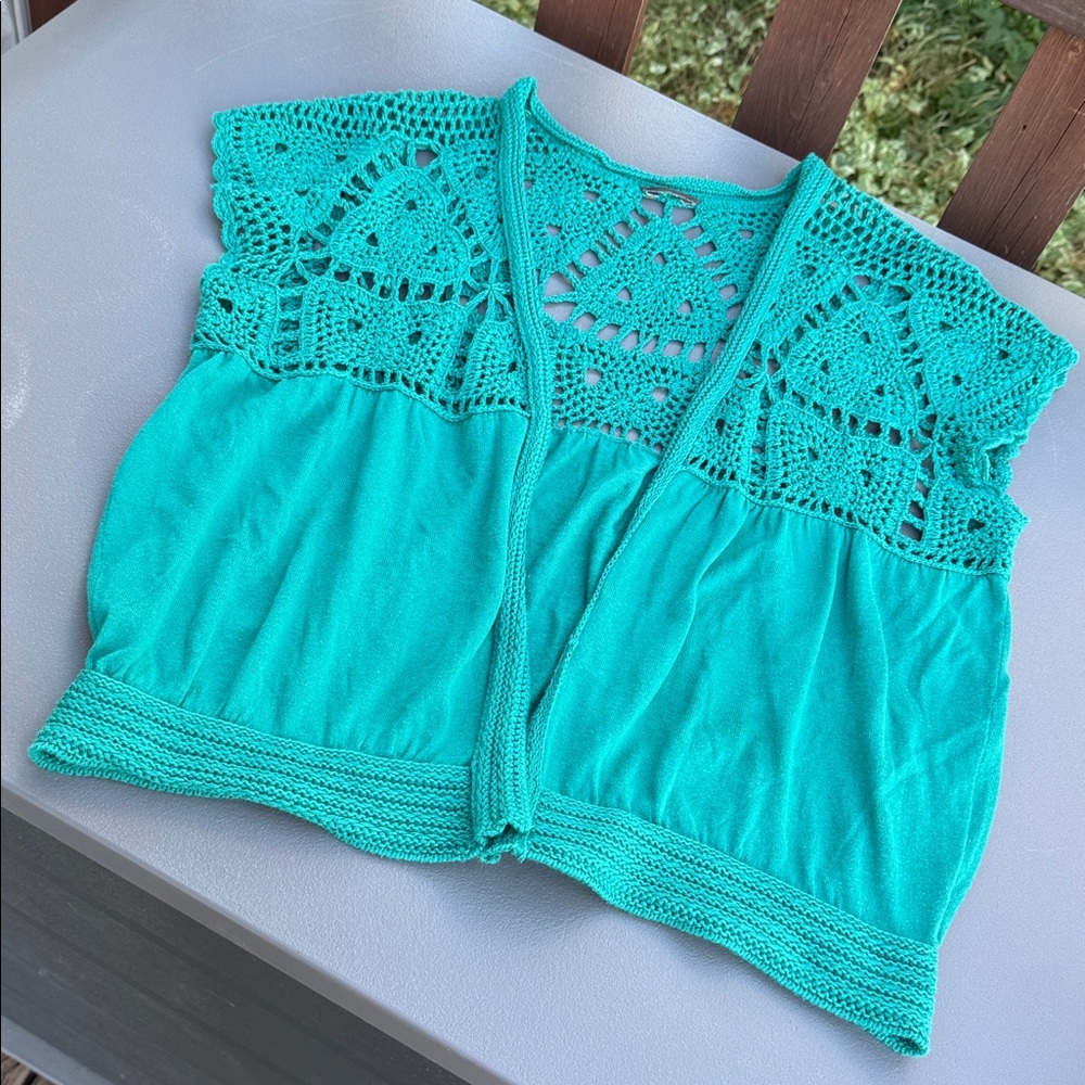 Vintage Teal Crochet Open-Front Vest